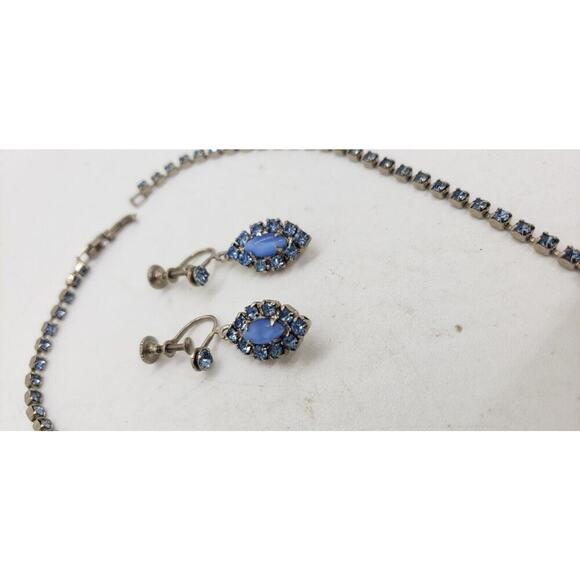 Vintage Blue Necklace Choker Earrings Set Givre Glass Moonstone Rhinestone 1950s - Picture 8 of 12